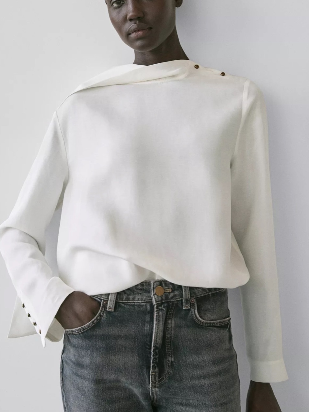 Massimo Dutti NWT FLOWING SHIRT WITH BUTTON DETAILS white 5104/504